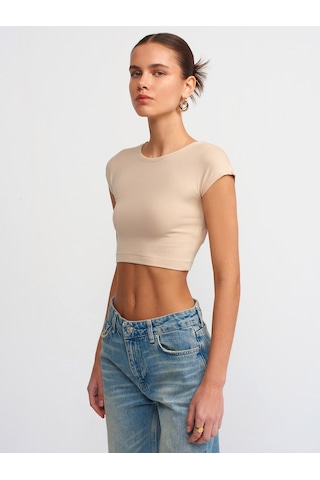 Dilvin Pamuk Ve Modal Karışımlı Crop Top Bej Açık Bej
