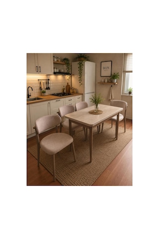 Tool Aksesuar T-6000 Traverten 70x120 Mdf Polo Krem Sandalye 4 Kişilik Yemek Masası Takımı