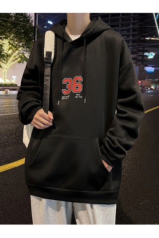 Unisex Oversize Brooklyn 36 Baskılı Kapüşonlu Sweatshirt Siyah