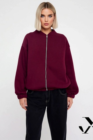 Benerly Kadın Bisiklet Yaka Düşük Kol Fermuarlı Oversize Kalın Örme Sweat Bordo