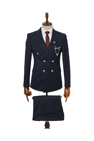 Beystil Sivri Yaka Lacivert Kruvaze Takım Elbise Nikol036 - Slim Fit Lacivert