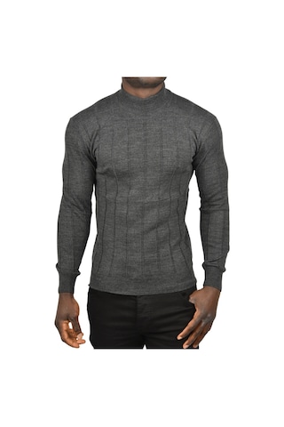 Deepsea Erkek Antrasit Slim Fit Likralı Tüylenme Yapmayan Yarım Balıkçı Çizgili Triko Yarım Boğazlı Kazak 2505503 Antrasit