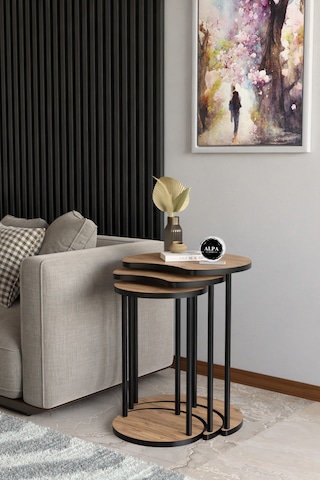Modern Elma 3 Lü Zigon Sehpa Metal Ayaklı İç İçe Geçmeli Orta Sehpa Takımı Atlantik Çam