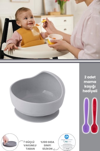 Silicolife Eğimli Mama Kasesi, Vakum Tabanlı Bebek Çocuk Eğimli Mama Tabağı - 2 Mama Kaşığı Hediyeli Gri