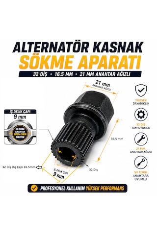 Universal Alternatör Kasnak Sökme Aparatı 21 Mm - 16.5 Mm 32 Diş Yeni Model Küçük Tip 21mm Anahtar Ağızlı