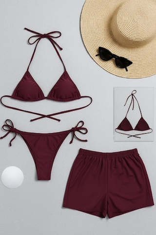 Angbutik Kadın 3'lü Set Bordo Şortlu Ve Yandan Bağlamalı Bikini Mayo Takımı