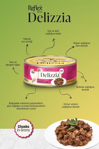 Reflex Plus Delizzia / Sos İçinde Parça Etli Tavuklu & Ciğerli Yetişkin Kedi Maması 85g X 12 Adet