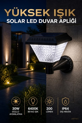 Astec Kristal Solar Led Duvar Aplik 30w 6400k Beyaz Işık Ip64 Dış Mekân Bahçe Duvar Aydınlatma Prizmatik