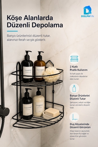 2 Katlı Siyah Banyo Duş Rafı Köşe Metal Şampuan Sabunluk Banyo Düzenleyici Raf
