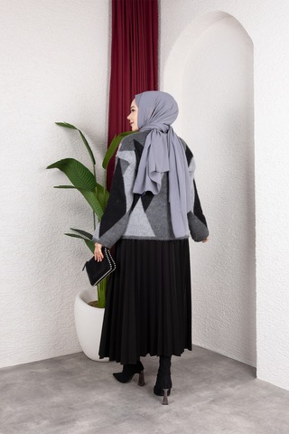 Hira Life Fashion Kadın Önü Düğmeli Şardonlu Cepli Ve Baklava Desenli Triko Hırka Siyah Siyah