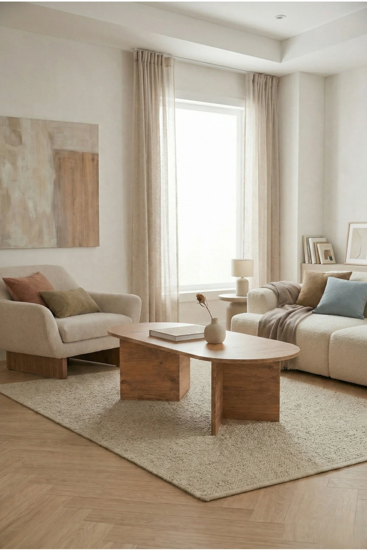 Modern Oval Orta Sehpa Minimal Ahşap Salon Sehpası Şık Tasarım Safir Meşe