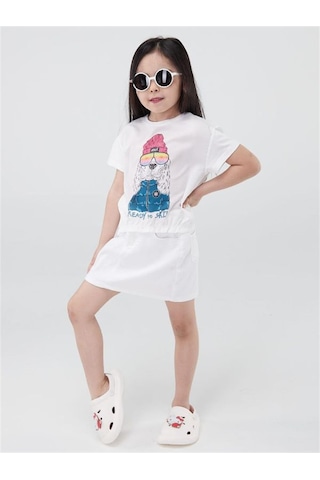 Escabel Kız Çocuk Pamuklu Köpek Baskılı Tshirt-12882 Krem