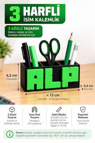 Miinecraft Temalı İsimli Kalemlik Kişiye Özel İsme Özel Üretim, Çok Gözlü Kalemlik 3 Harfli İsim Tasarımı