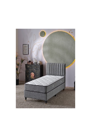 Beehanem Ezgi Xxl Tek Kişilik Baza + Başlık + Yatak Seti 120x200 Keten Gri Sandıklı Premium Konfor 3'lü 120 x 200