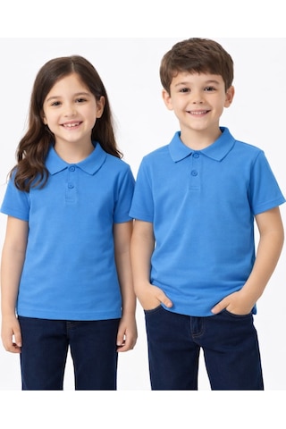 Stero Mavi Gökmavisi Okul Tişörtü Unisex Kısa Kollu Polo Yaka Pamuklu Düz Renk Mavi