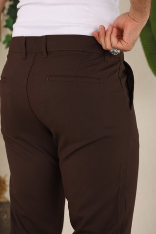 Erkek Slim Fit Likralı Bilek Boy Dilli Kumaş Pantolon Acı Kahve