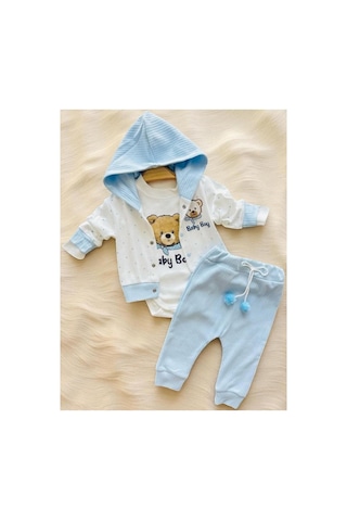 Minicayzen %100 Pamuk Kapüşonlu Hırka Pantolon Body 3'lü Erkek Bebek Takımı Mavi Mavi
