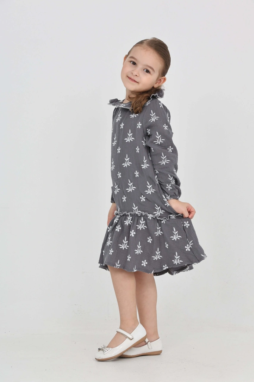 Toontoy Kız Çocuk Çiçek Nakışlı Bebe Yaka Elbise Füme