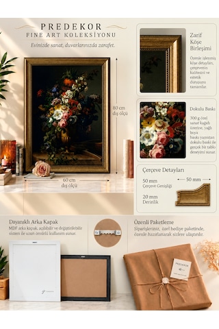 Gold Vintage Varaklı 60x80 Çerçeveli Tablo Klasik Dark Floral Sanat Eseri Hollanda Altın Çağı Çiçek Buketi Yağlı Boya Görünümlü 50x70cm Dokulu Baskı Dekoratif Lüks Salon Tablosu
