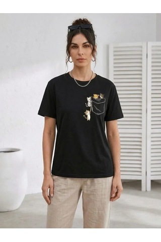 Efnaz Style Sevimli Kedi Cep Baskılı Tişört Kısa Kol Yazlık T-shirt - Siyah