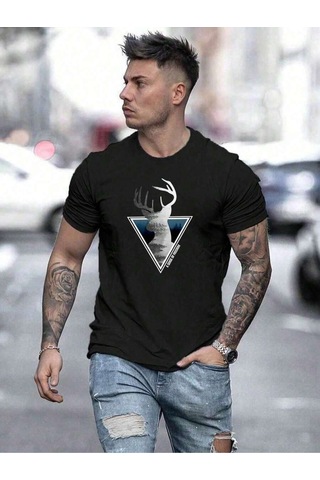 Freedom Geyik T-shirt - Siyah Baskılı Oversize Bisiklet Yaka Kısa Kol Tişört Siyah