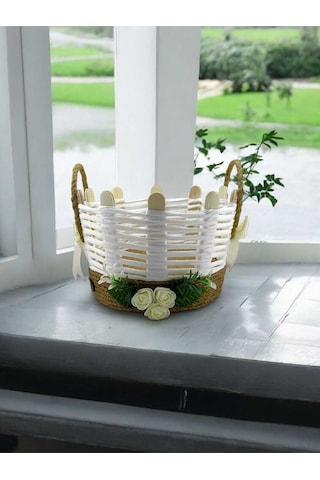 El Yapımı Hasır Sepet Takı Organizer Banyo Makyaj Kutusu Komodin Üstü Düzenleyici Beyaz