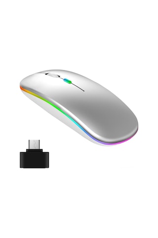 Lemestar Optik Kablosuz Fare, 2.4g+bt3.0+bt5.2 Üçlü Bağlantı, Led Işıklı, Sessiz, Ergonomik, 500mah Pil, Gümüş Type-c Adaptörü İle Optik