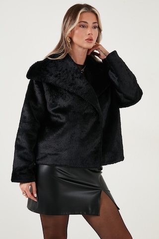 Lela Oversize Geniş Yaka Çıtçıt Düğmeli Astarlı Peluş Bayan Mont 6839623 Siyah