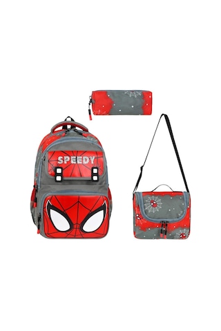 Speedy İlkokul Çantası 3'lü Set 40 30 Cm Beslenme Çantası Kalem Kutusu Ortopedik Örümcek Adam Gri