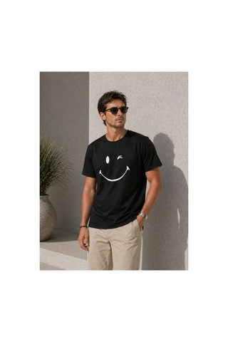 Butik İstanbul Erkek Minimal Gülümseyen Yüz Baskılı Tişört Kısa Kol Yazlık T-shirt - Siyah