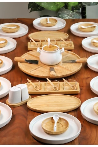 Atbyhome 12 Kişilik 63 Parça Seramik - Bambu Kahvaltı Takımı - Lüx Kahvaltılık Sunum Seti Kahverengi