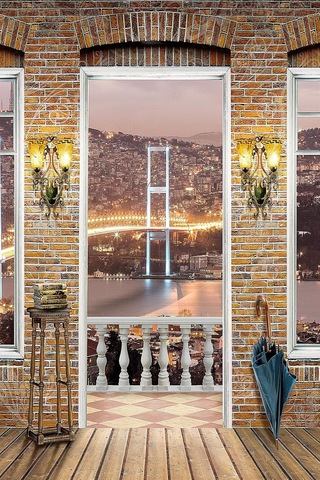 Tuğla Duvarlı İstanbul Boğazı Manzaralı 3d Teras Tekstil Duvar Kağıdı, 100 X 100 Diğer