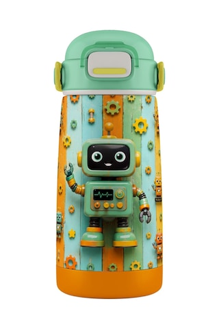 Puccon 420 Ml Erkek Çocuk Yeşil Robot Baskılı Okul Matarası/termosu - 60016 - Sevimli Robotlar