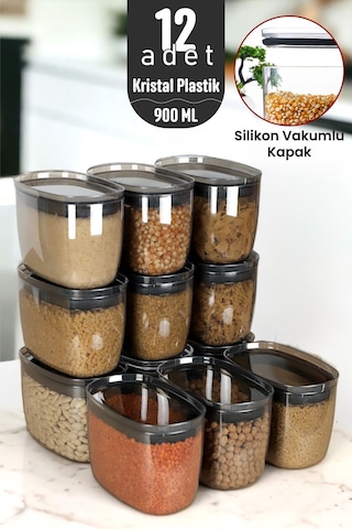 900 Ml Gerçek Vakumlu Silikon Kapaklı Kristal Erzak Bakliyat Saklama Kabı Seti Baharatlık 12 Antrasit