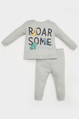 DeFacto Erkek Bebek Pijama Takımı Dinazor Baskılı Waffle Uzun Kollu Üst Beli Lastikli Uzun Alt E0754A525SPGN1128 Yeşil