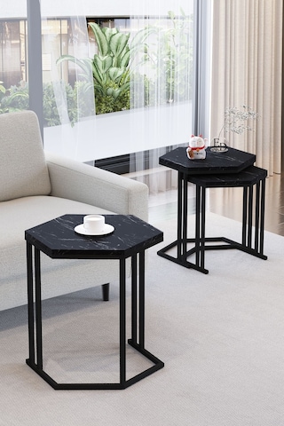 Tokyo 3'lü Zigon Sehpa Siyah Metal - Siyah Mermer Tabla