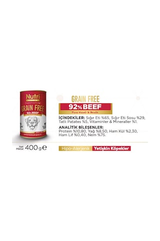 Nutri Canin %92 Sığır Etli Tahılsız Yetişkin Köpek Maması 4 x 400 G