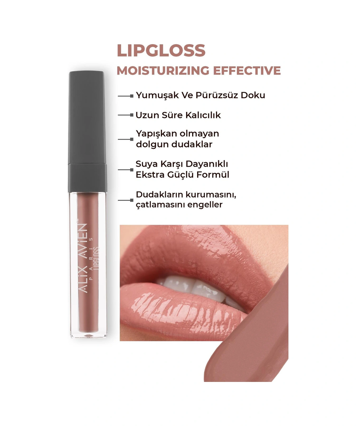 Alix Avien Uzun Süre Kalıcı Yapışkan His Bırakmayan Nemlendirici Dudak Parlatıcısı Lipgloss 03 Tawny Rose