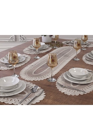 Amerikan Servis Supla Ve Runner Seti 8 Kişilik Set Nakışlı Vivien Bej