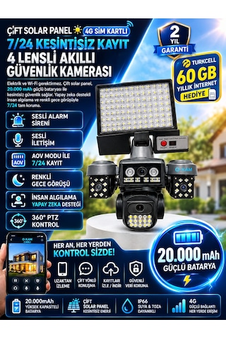 4g Sım Kartlı 4 Lensli Solar Güvenlik Kamerası 20.000mah 360 Ptz 7/24 Kayıt