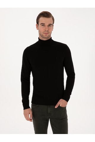 Cacharel Siyah Slim Fit Balıkçı Yaka Pamuk Karışımlı Basic Triko Kazak
