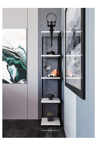 Alpa Ev Mobilya 5 Katlı Kare Raflı Metal Köşe Raf, Dekoratif Kitaplık Ve Modern Saksılık Beyaz