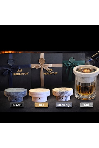 Perlotus Mermer Viski Tütsüleme Aparatı Premium Hediye Kutulu Çakmak, Soğutma Taşları Talaş Seti Bej