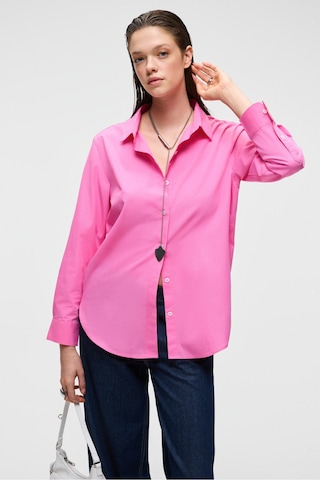 DELFINO Kadın Oversize %100 Organik Pamuk Uzun Kollu İnce Uzun Pembe Gömlek