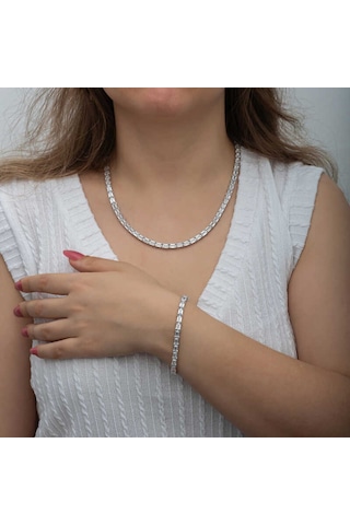 Blackcraft Gümüş Beyaz Taşlı Su Yolu Kadın Set Bc-68a809 Beyaz