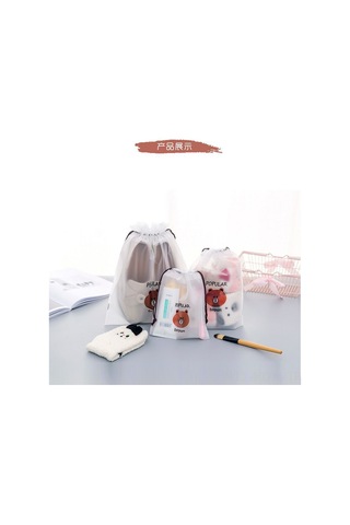 Suofeng Beyaz Mat Renkli 16x20 Cm Ayı Desenli Eva Telli Çanta - Giyim Ayakkabı Paketi, Kozmetik Saklama Torbası Beyaz