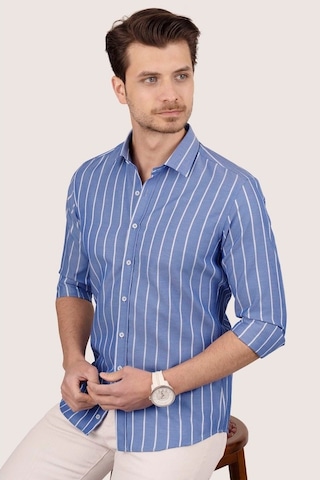 Erkek Mavi Beyaz Çizgili Slimfit Kutulu Gömlek Mavi