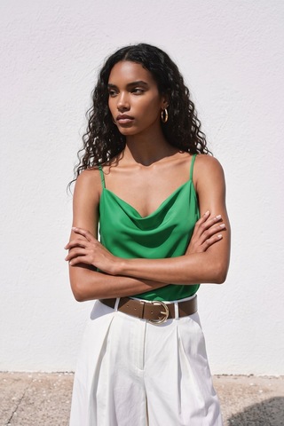 Sateen Askılı Degaje Yaka Bluz - Yeşil-137671