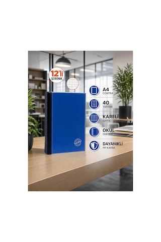 Contra Pp Kapak Spiralli 40 Yaprak A4 Kareli 12 Adet Defter Çok Renkli
