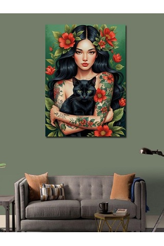Kanvas Tablo Kara Kedi Ve Kadın 100cmx140cm